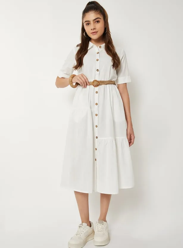 Women Solid Belted Shirt Dress